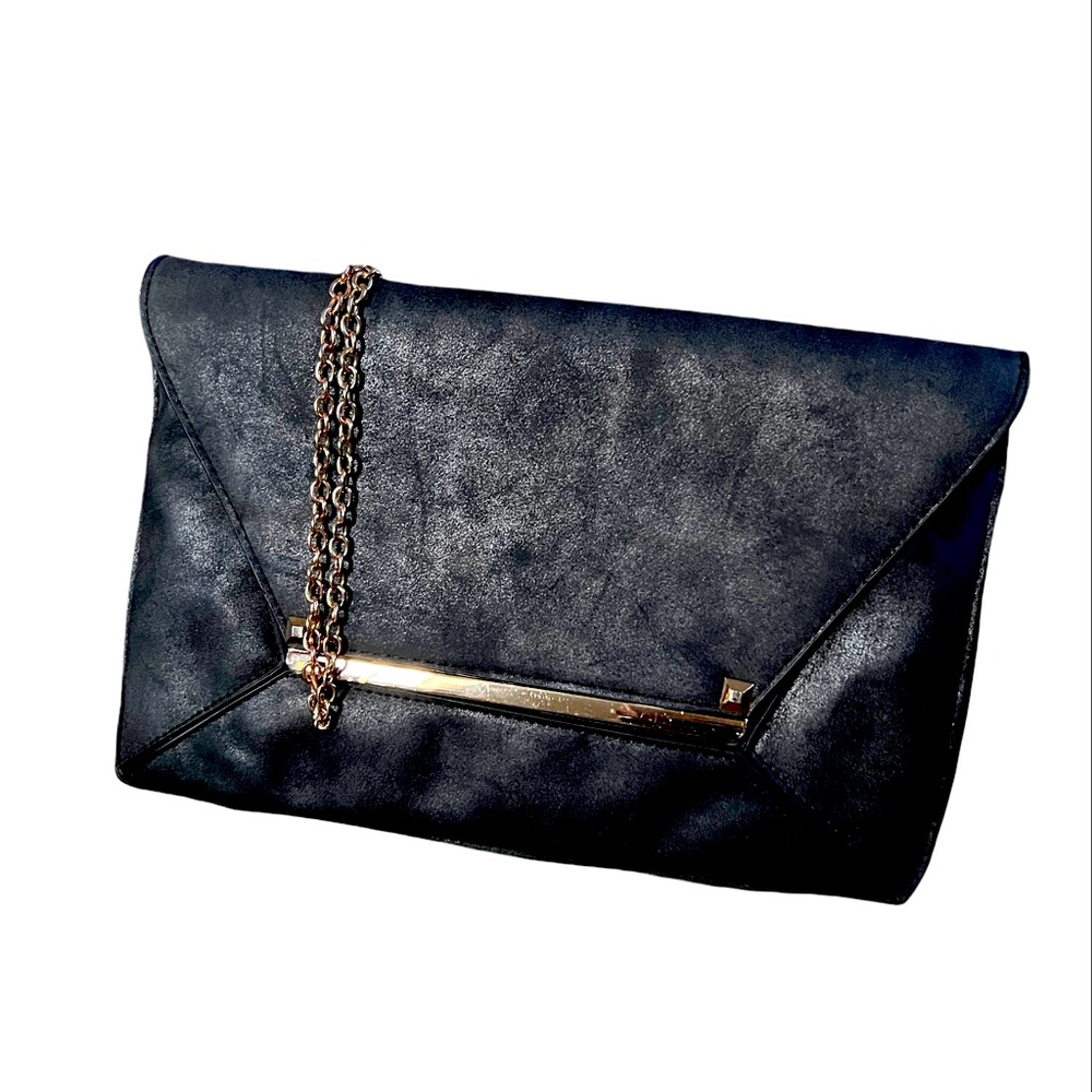 Women black and gold suede clutch
